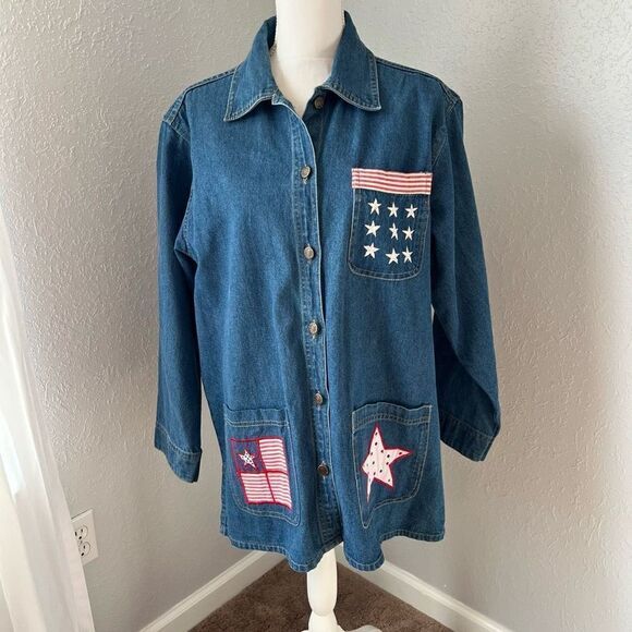 No Brand Jackets & Blazers - Michelle Louise Vintage 1990s Long Sleeve Denim Shirt Jacket - Flag, Americana,